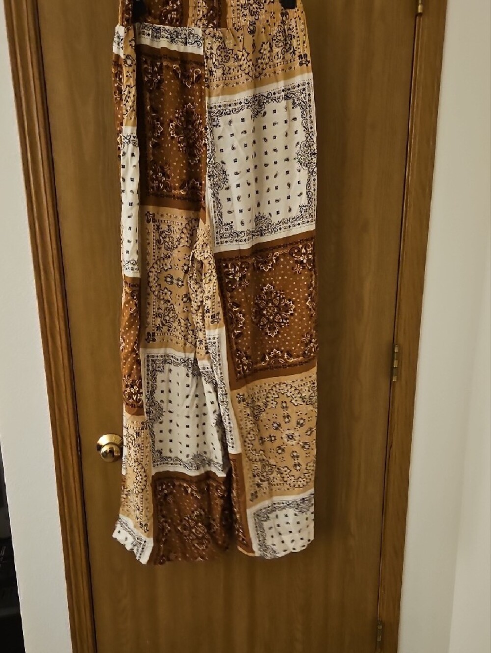 Boho Patchwork Wide Leg Pants in Brown & Cream - Picture 5 of 6